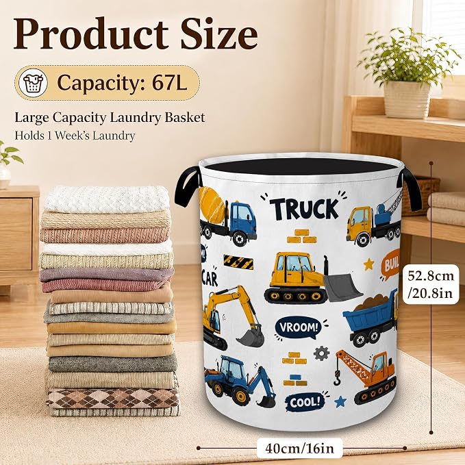 Construction Truck Large Laundry Hamper, Collapsible Oxford Clothes Basket with Handles, Freestanding Dirty Clothes Organizer for Bedroom Bathroom Dorm Laundry Room, 16 x 20.8 Inch