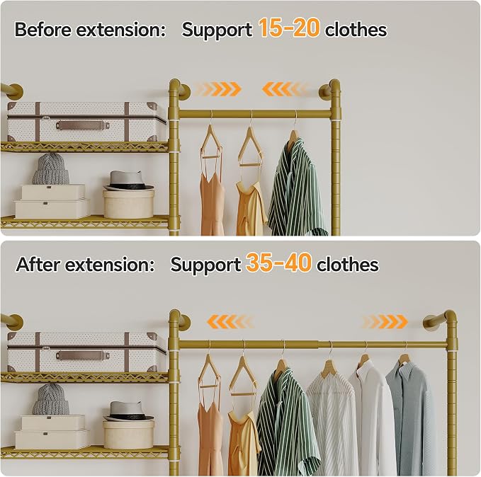 Higeego W4 Wall Mounted Clothes Rack, Industrial Pipe Clothing Rack, Garment Rack with 6 Hanging Clothes Rods Double Expandable Rods & 6 Adjustable Shelves, Heavy Duty Corner Wardrobe Racks, Gold