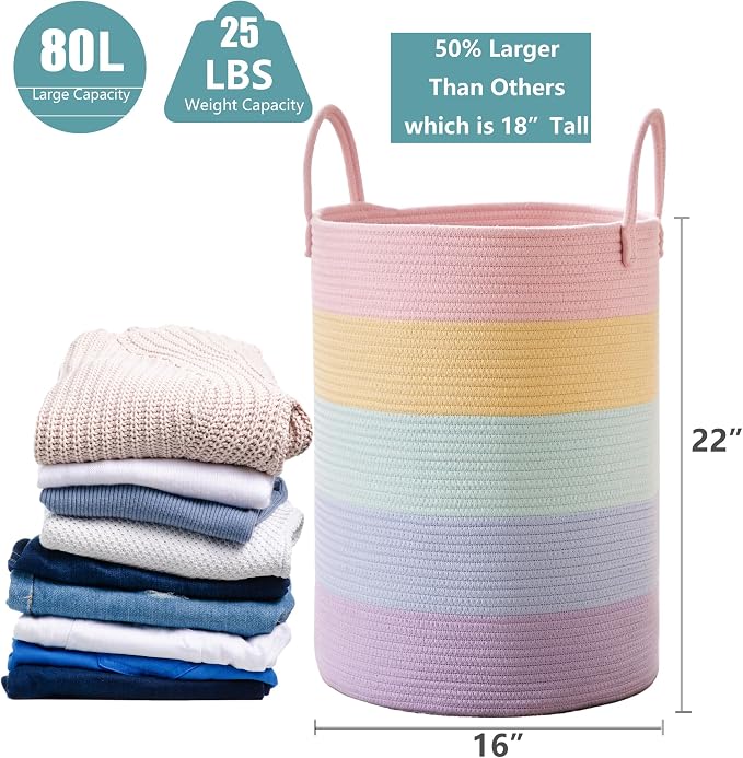 80L Large Rainbow Hamper Tall Woven Laundry Basket for Girls Kids | Clothes Hamper for Baby Nursery Toy in Playroom Blanket Basket for Living Room Bedroom 16"D x 22"H Pastel Unicorn
