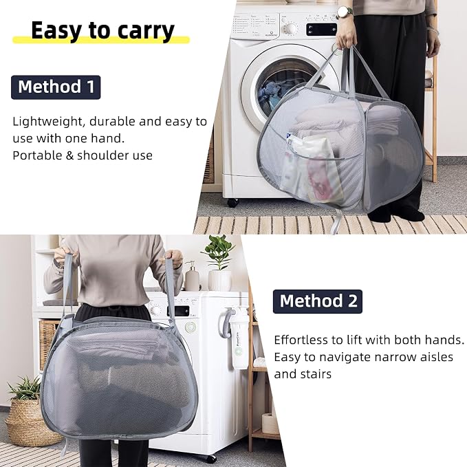 Collapsible Laundry Basket, 90L Mesh Pop-up Hamper with Handles | Foldable Storage Clothes Bag for Laundry, Bathroom, Dorm, Travel, Camping, Space-saving, Gray