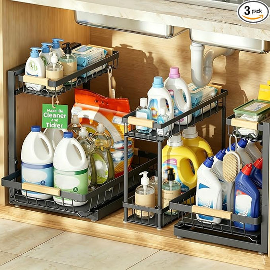Sevenblue 3 Pack Under Sink Organizer, Height Adjustable 2 Tier Pull-Out Metal Under Kitchen Sink Organizer, Multi-Purpose Storage Shelves for Kitchen Bathroom Cabinet