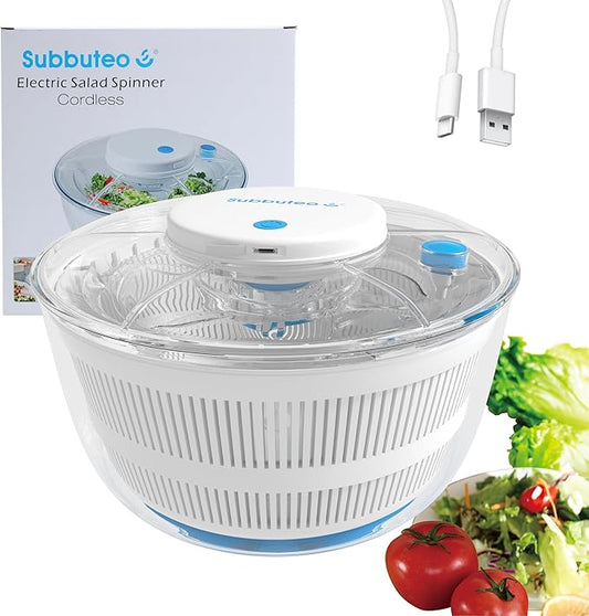 Subbuteo Electric Salad Spinner 4Qt – Rechargeable Lettuce Washer & Vegetable Dryer with 2+ Month Battery Life, Type-C, Detachable Parts, Spin Dry Kitchen Gadget for Greens Herbs Berries