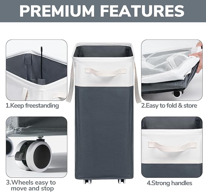 Goodpick 2-Pack Rolling Laundry Basket with Wash Bag, Hamper for Dorm, 75L | Laundry Hamper with Wheels & Handles for Dirty Clothes, Clothes Hamper, Dorm Room Essentials, Grey & White