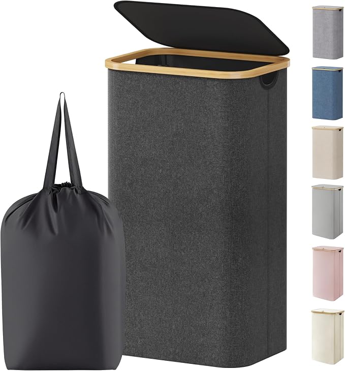 Lifewit 100L Laundry Basket with Lid, Clothes Hampers for Laundry with Bamboo Handles and 1 Removable Bag, Large Foldable Laundry Hamper for Bedroom, Bathroom, Dorm, Laundry Room, Dark Gray