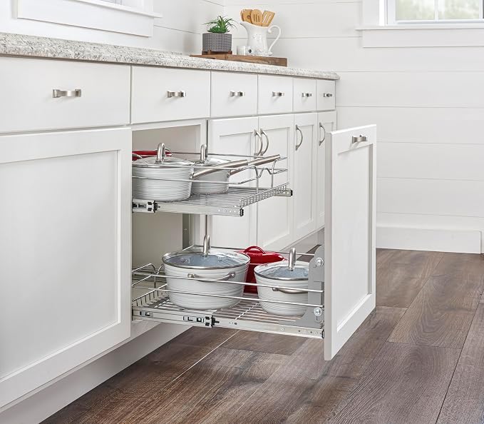 Rev-A-Shelf Pullout Organizer for Cabinets, Min Opening Width of 18" | STwo-Tier Steel Shelf for Kitchen or Vanity Cabinet Organization, Heavy Gauge Wire Slide Out Storage Basket, 5WB2-1822CR-1