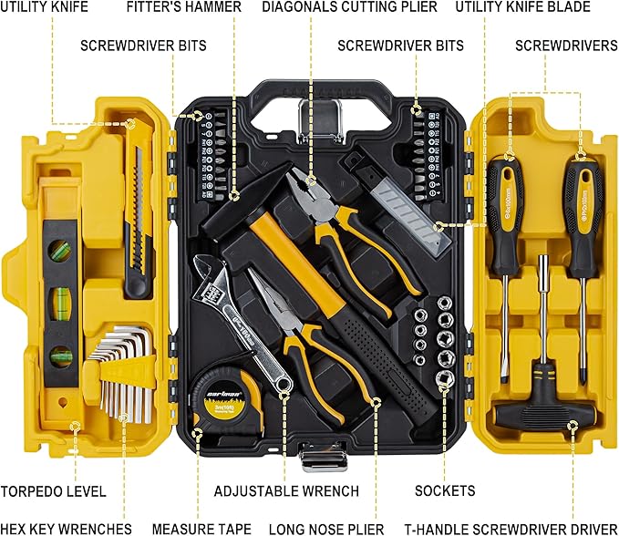 CARTMAN 57-Piece Home Tool Kit, Household Essential Hand Tool Set with Durable Plastic Toolbox, Perfect for Home Repair, Maintenance and DIY Projects, Yellow