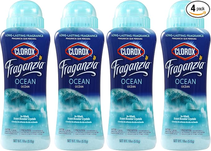Clorox Fraganzia In-Wash Laundry Scent Booster Crystals, Ocean Scent Fragrance Beads for Clothes and Linens, Safe for All Fabrics and Colors, HE Compatible, 18 Oz (Pack of 4)