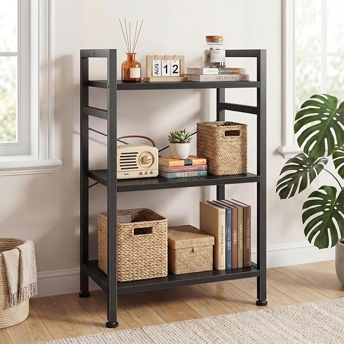 DUMOS 3 Tier Bookshelf, Home Office Bookcase Shelf Storage Organizer | Free Standing Open Display Storage Shelving Unit for Bedroom, Living Room Black