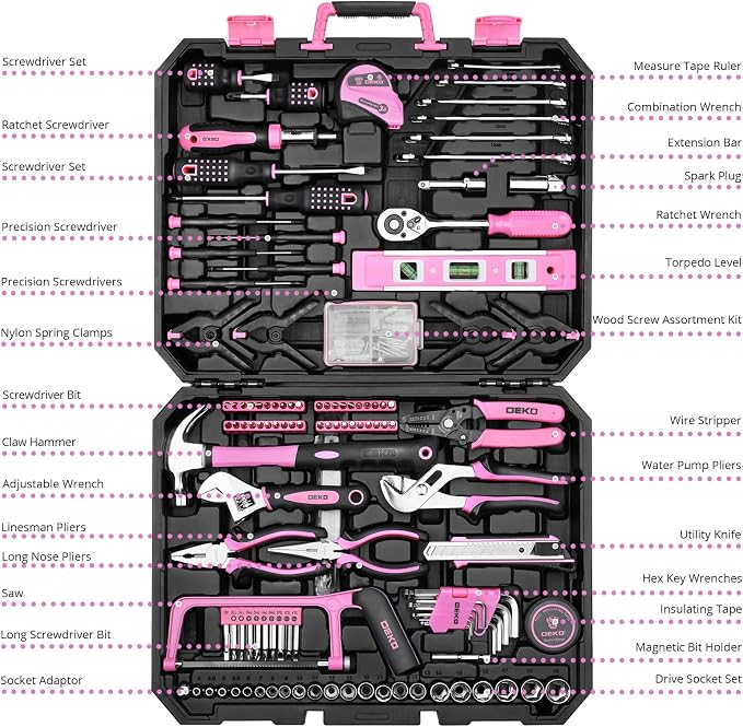 DEKOPRO Tool Set: 228 Piece Home Tool Kit, Household Basic Repair Tool Set Comes with Storage ToolBox, Socket Wrench Set for Car, Hand Tool Box Set for Home - Pink