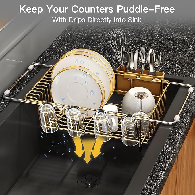 MAJALiS Gold Dish Drying Rack Over The Sink with Utensil Holder | Expandable Stainless Steel Dish Drainer for Small Kitchen, Apartment, RV, Counter Space Saving, Perfect Fit, Rustproof