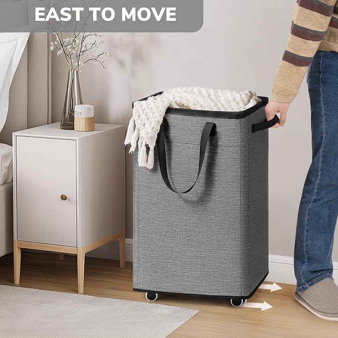 Goodpick 75L Collapsible Laundry Baskets with Removable Wash Bag and Wheels | Laundry Basket with Wheels, Rolling Laundry Hamper with Handle for College Dorm, Laundry Hamper on Wheels, Light Grey