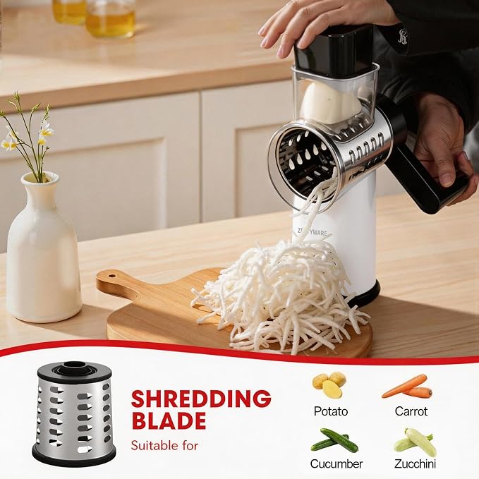 Rotary Cheese Grater Hand Crank with Foldable Handle, 3 Stainless Steel Blades, Perfect Graters for Kitchen, Manual Cheese Shredder Hand Crank with Suction Base, Rotary Grader (White)