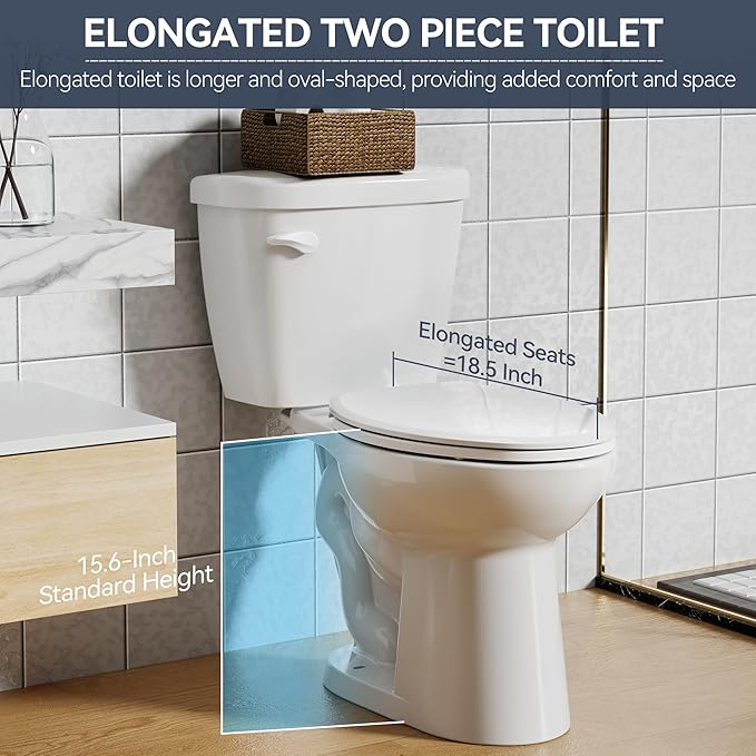 Two Piece Toilet, Elongated Bowl and Locking PP Lid - Side Push Handle, CUPC Certified, Water Efficient 1.28 GPF, Modern Design