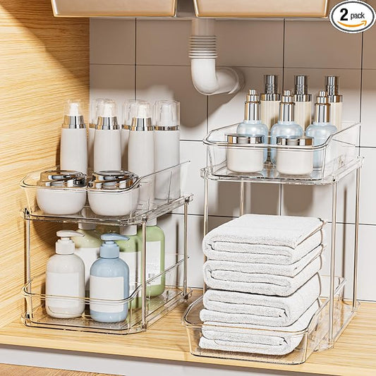 Delamu 2-Tier Under Sink Organizers and Storage, Multi-Purpose Stackable Bathroom Cabinet organizers, Pull Out Kitchen Pantry Organization and Storage with Dividers(2 Pack, Clear)