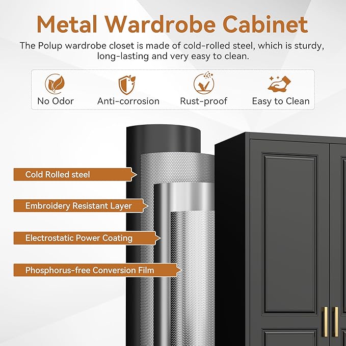 Polup Metal Armoire Wardrobe Closet with Hanging Rod, 71" Tall Wardrobe Cabinet for Clothes, Black Clothing Storage Cabinet with Doors and Shelves, Large Wardrobes for Bedroom, Office, School, Gym