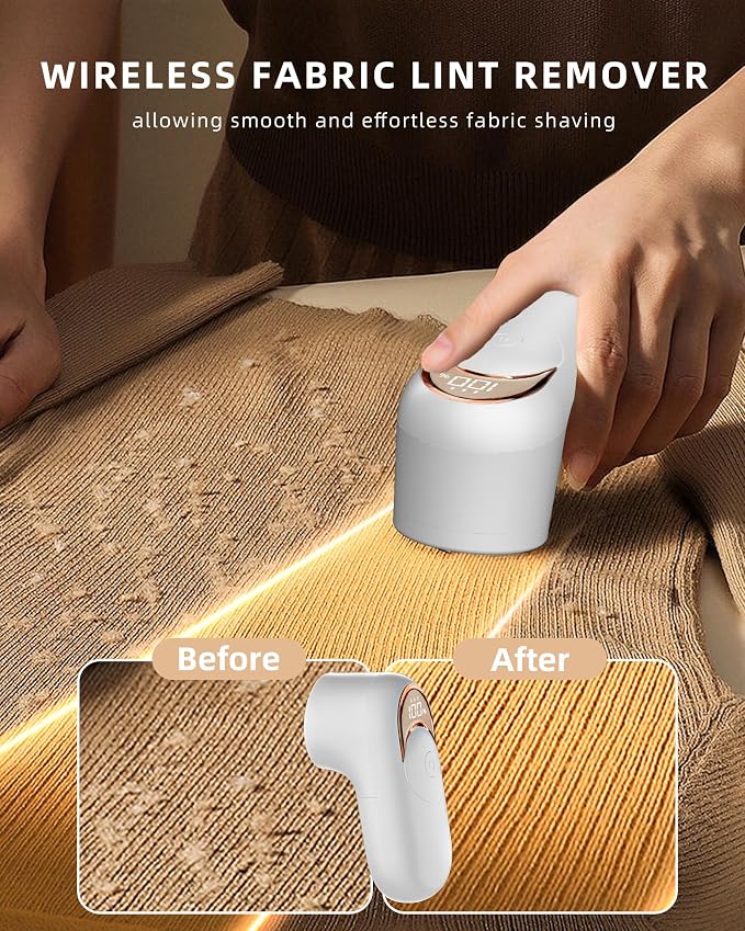 Fabric Shaver Lint Remover for Clothes, Portable Sweater Defuzzer | Rechargeable with LED Display, 3 Speeds, 2 Extra 6-Blade Heads, Removes Lint, Fuzz Fabric Pills from Clothing and Fabrics