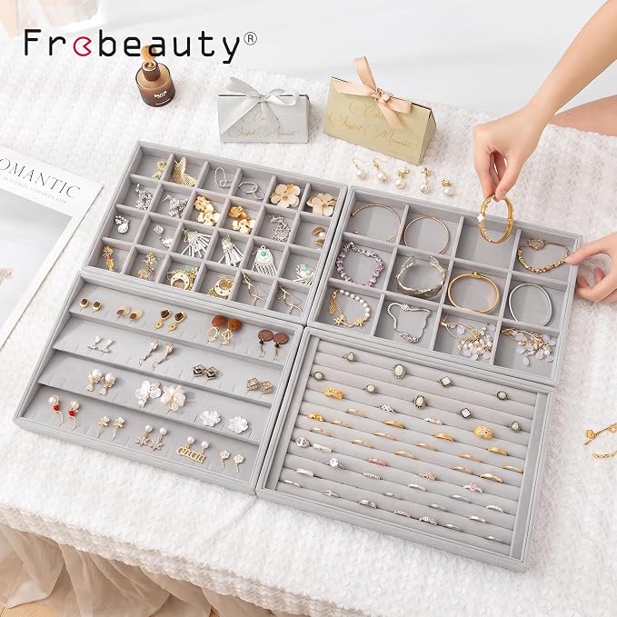 Frebeauty Jewelry Trays for Drawer,Set of 4 Jewelry Organizer and Storage | Velvet Material,Stackable,Adjustable Dividers,Drawer Inserts for Rings Studs Bracelet,Earring Organizer for Women Girls