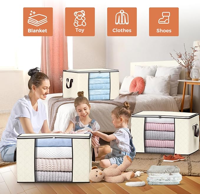 90L Large Storage Bags, 4 Pack Clothes Storage Bins Closet Organizers | Foldable Storage Containers, with Reinforced Handle, for Clothing, Blanket, Comforters, Bed Sheets, Pillows and Toys,Beige