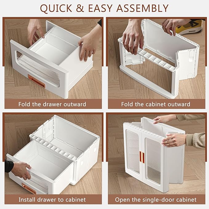 VECELO 226QT Stackable Storage Bins with Lids, Large Collapsible Storage Bins with Drawer and Movable Wheels, Adjustable Shelves, Anti-Tip, for Living Room, Bedroom, Kitchen, White