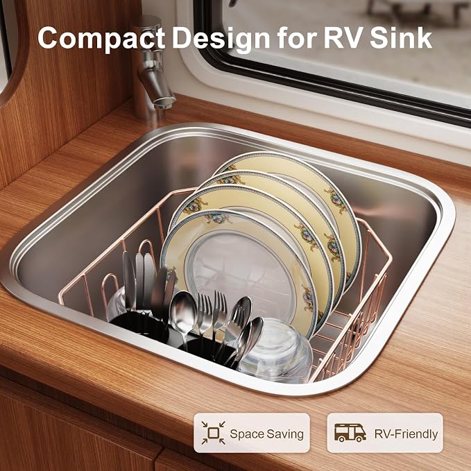 GSlife Small in Sink Dish Drying Rack - Stainless Steel Compact Dish Drainer for RV Kitchen Apartment Sink, Rust Resistant Inside Sink Rack, 1–2 Person Households, 11.6" W x 13.4" L, Rose Gold