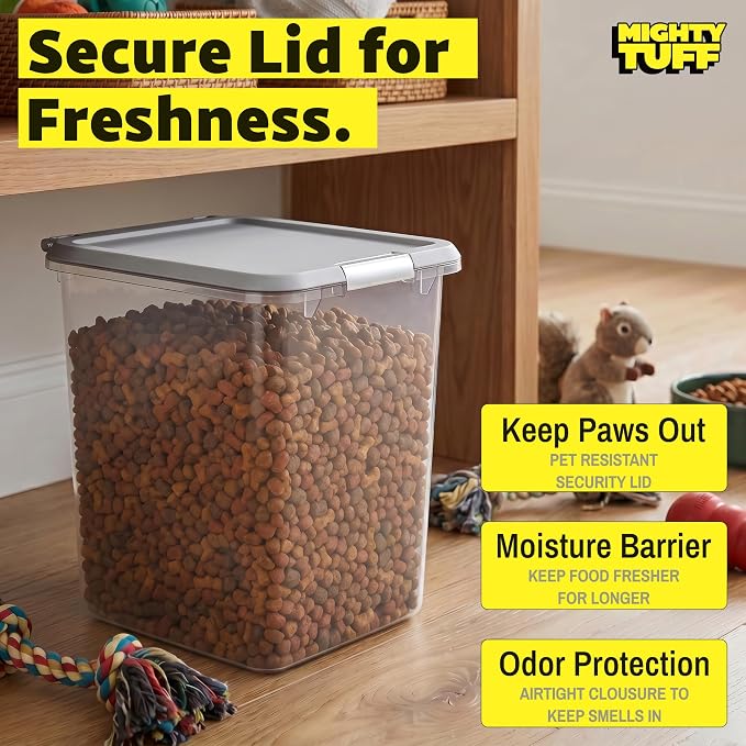 Mighty Tuff 35 lb Dog Food Container with Secure Lid Clasp, Airtight Cat Food Storage Bin, Clear Plastic Pet Food Storage Container with Lid for Kitchen Pantry Organization