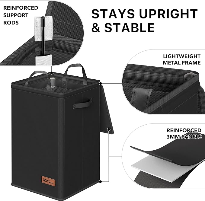 Simple Houseware Foldable Laundry Hamper Basket with Lid and Bag, Black | Heavy Duty 600D Polyester, Water-Resistant Surface