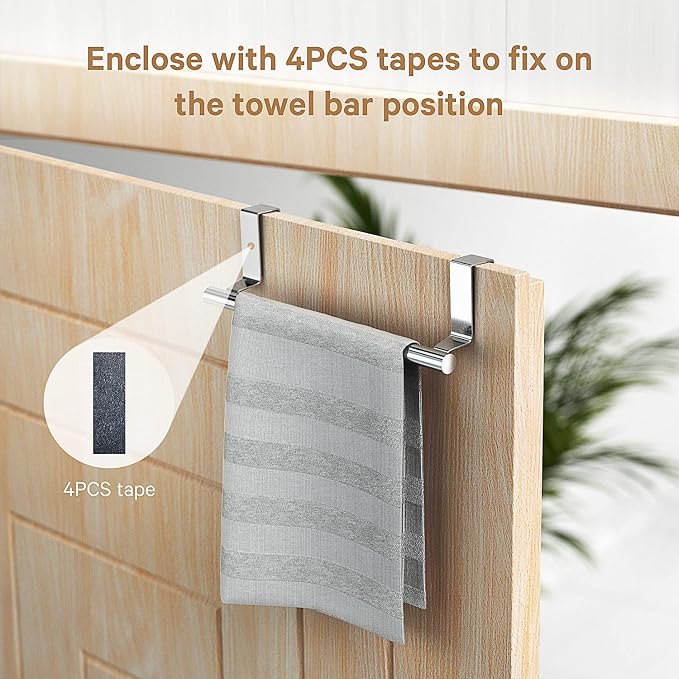 Stainless Steel Over Door Towel Rack Bar Holders for Universal Fit on Over Cabinet Cupboard Doors 2 Pack (Sliver)