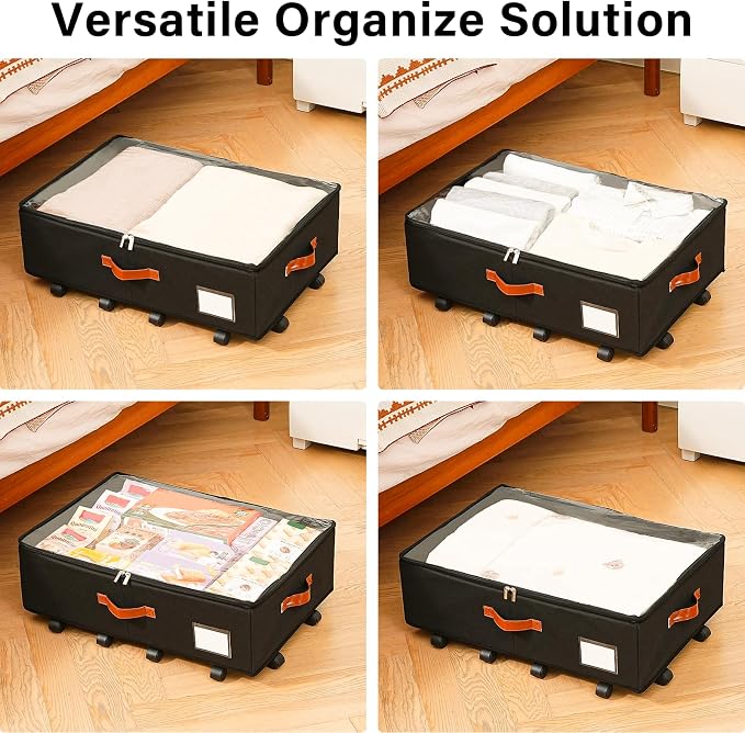 Freebat Under Bed Storage with Wheels 2 Pack, Underbed Container | 7.5 inch Height Under Bed Drawers with Clear Lid Cover, Storage Bag Box with Visiable Window for Clothes, Bedsheet, Pillow
