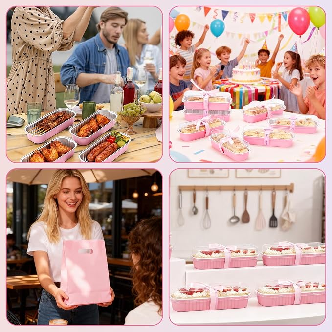6.8oz Mini Loaf Pans with Lids, 100 Pcs Disposable Rectangular Aluminum Cake Pans, Pink Mini Baking Pans with Lids and Spoons, Includes 20 Pink Gift Bags, Small Cake Tins Ideal for Mini Cakes