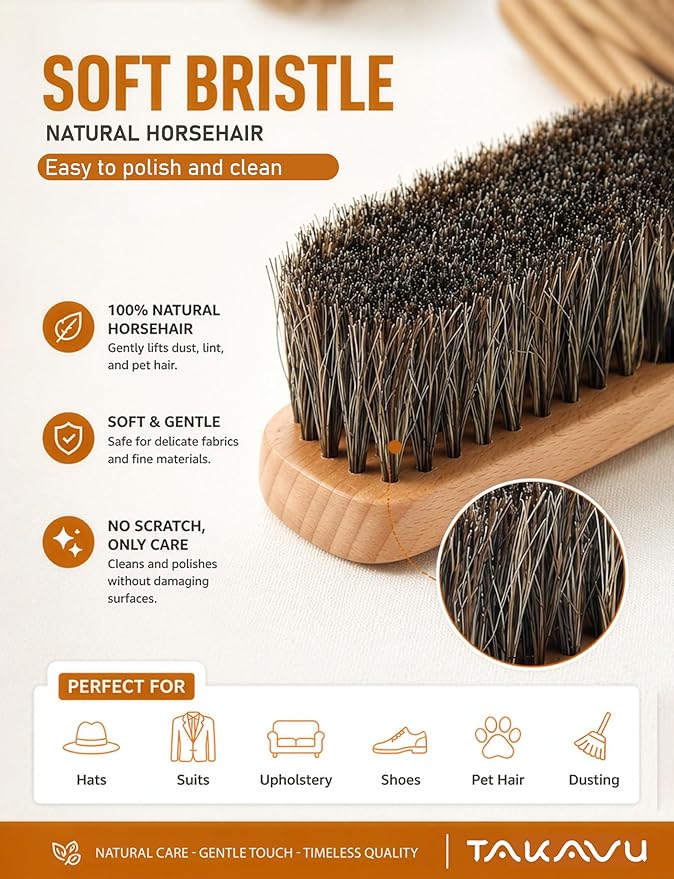 TAKAVU 10.2in Horsehair Hat & Shoe Brush, Long Handle Felt Cleaner | Soft Bristle Dusting Wardrobe Brush for Lint, Pet Hair, Suits, Coats, Upholstery & Garments, Wooden Extended Grip