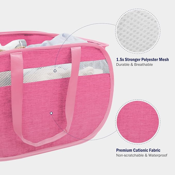 Collapsible Tear Proof Laundry Baskets with Dual Handles, Pink | 70L, Foldable, Pop up Hamper, Reinforced Durable Laundry Hamper for Home, Laundry, Bathroom, Dorm or Travel