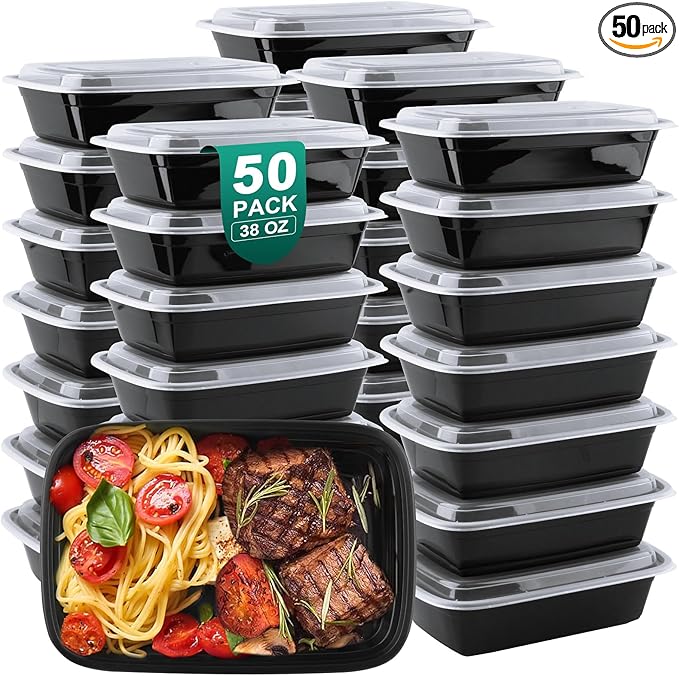 Meal Prep Containers 38 OZ, Plastic Food Prep Containers with Lids, BPA-Free, Stackable, Microwave, Dishwasher Safe Disposable To Go Container for Meal Plan, 50-Pack