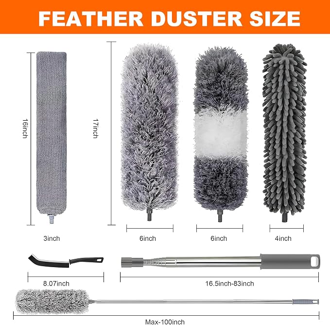 Duster with Extension Pole, Washable Cleaning Duster Kit with DusterHeads, Cobweb Duster, Corner Brush, Telescoping Pole for Ceiling Fan (9)
