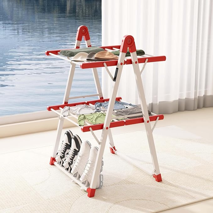 Electric Heated Clothes Drying Rack,Foldable Heated Garment Dryer with Timer Shut-Off Laundry Rack for Clothes Shoes Socks,Aluminum Alloy