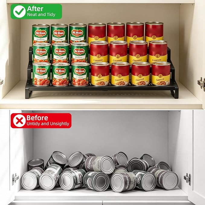 Expandable Can Organizer for Pantry, 3-Tier Adjustable Metal Can Rack | Tiered Countertop Shelf, Adjustable height Pantry Organizer for Kitchen Cabinet, Countertop & Canned Goods Storage