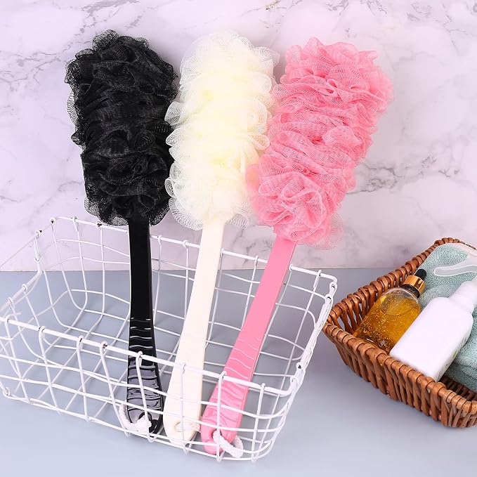 Back Scrubber Brush Long Handle for Shower, Loofah On a Stick Sponge Back Brush, Body Exfoliator Scrubber Bath Brush for Men Women, Exfoliating Cleaning Back Scrubber (2 Pack-Black+Purple)