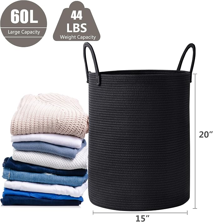 60L Black Hamper Laundry Basket Woven Clothes Hamper Tall | Modern Cotton Rope Blanket Storage Basket in Living Room Bedroom 15Dx20H inches