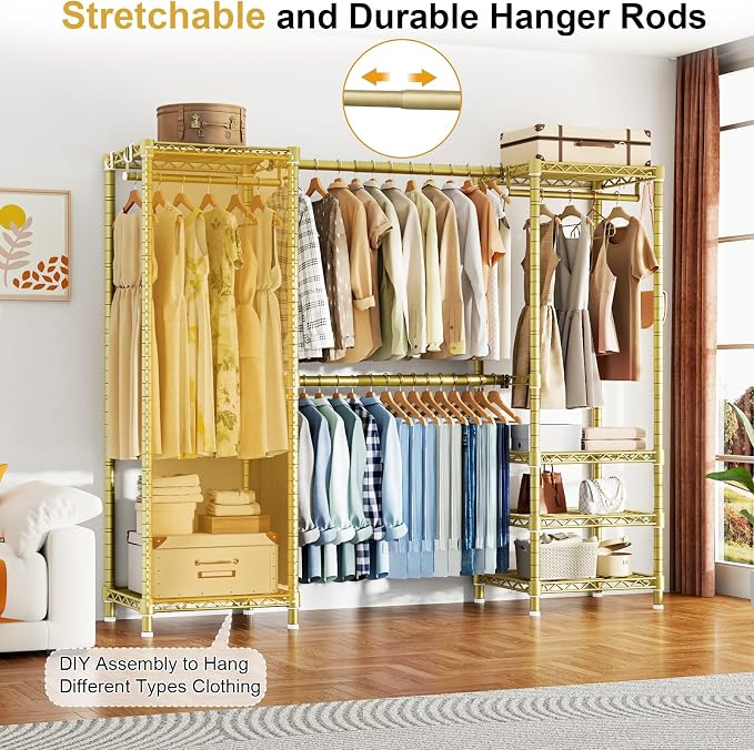 Ulif E7 Garment Rack, Heavy Duty Clothes Storage System with Extendable Hangers Rods, Metal Clothing Rack with 6 Wire Shelves, (52.3"-72") W x 14.5" D x 71.2" H, Load 838lbs, Gold
