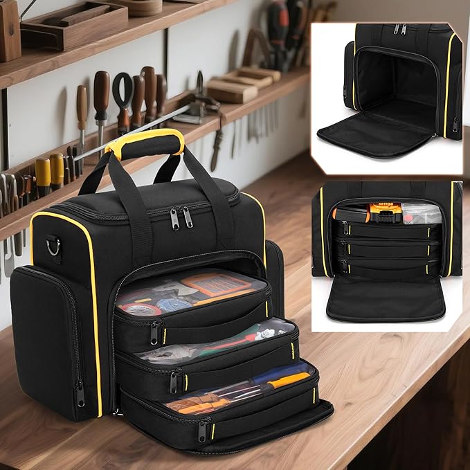 Marscamd Tool Bag with 3 Removable Cases, 2 Layers Tool Tote for Hand Tools, Black with Yellow Binding