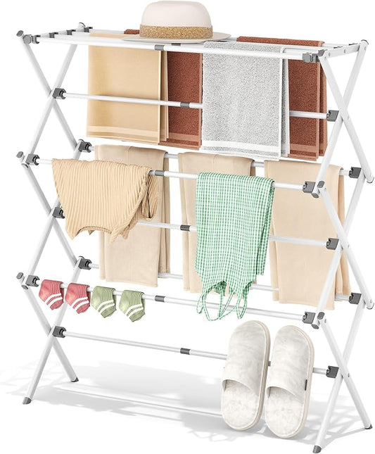 APEXCHASER 3-Tier Foldable Clothes Drying Rack, 37.6" H, White | Rust-resistant Metal, Tool-free Assembly, Extendable Drying Hanger, Fold Flat to Easy Storage, 11.8" D x 35" W, Holds 24lbs