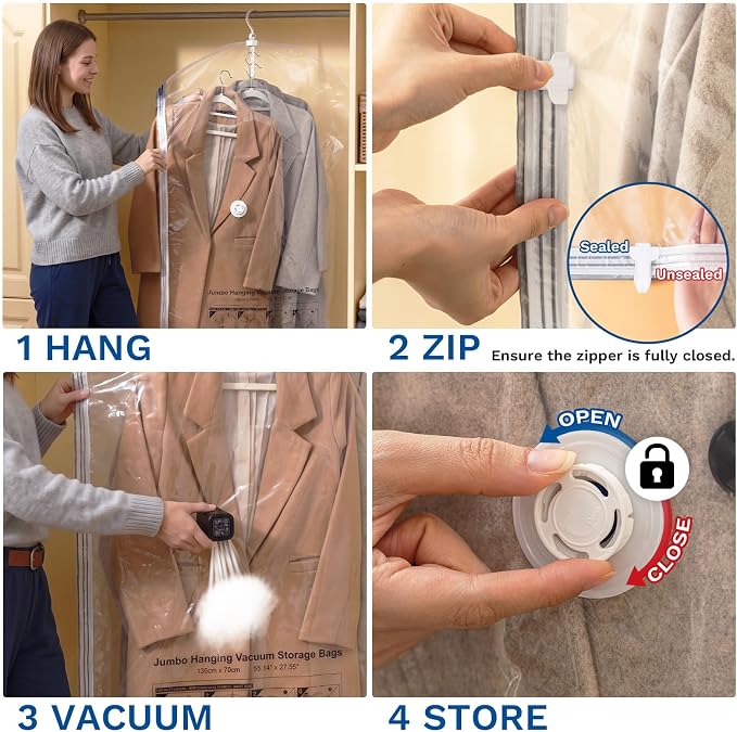 Hanging Vacuum Storage Bags For Clothes with Electric Pump, 4 Pack Large Hanging Space Saver Bags, Vacuum Sealed for Clothing Travel Suits Dress Jackets for Moving Supplies(2 Long, 2 Short)