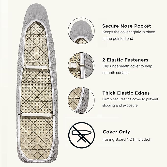 UniSimp Ironing Board Cover and Pad 18"x49" Extra Thick Natural Cotton, Scorch and Stain Resistant Iron Board Cover, Wide Ironing Board Cover with Fasteners Heavy Duty Heatproof Elastic Edge Gray