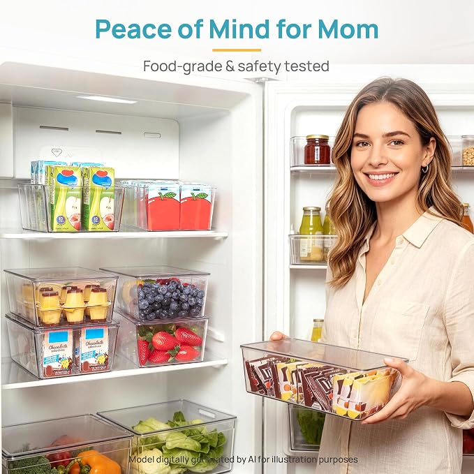 Vtopmart 2 Pack Stackable Pantry Organizer Bins with Lids, Clear Plastic Storage Containers with Removable Dividers, Tea Bag Organizer for Snack Packets, Spice Packets and Kitchen Cabinet Storage