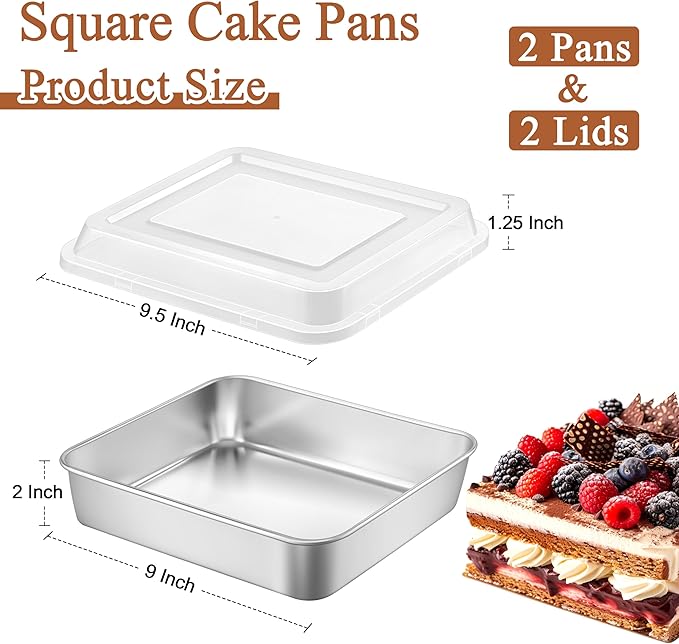 LIANYU 9 x 9 Inch Square Baking Pan, 2 Pack Stainless Steel Square Cake Pan Set with Lid, Metal Baking Dishes for Bread Lasagna Brownie Cookie, Oven & Dishwasher Safe (2 Pans + 2 Lids)