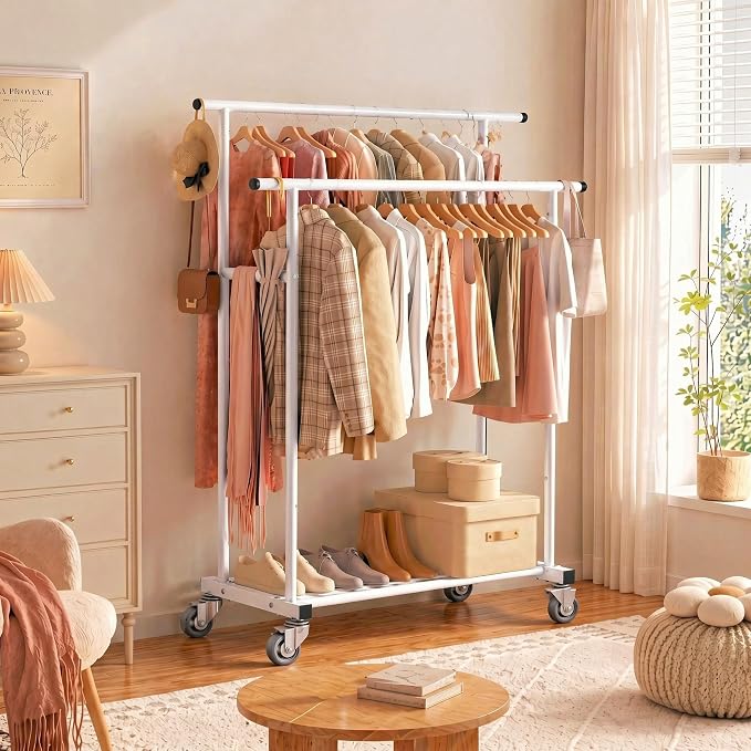 Calmootey Rolling Garment Rack with 2 Rods, Clothes Organizer for Bedroom | High-Low Rods, Two Lockable Wheels, Sturdy Metal Frame, Space-Saving, Fits Laundry, Living Room, White