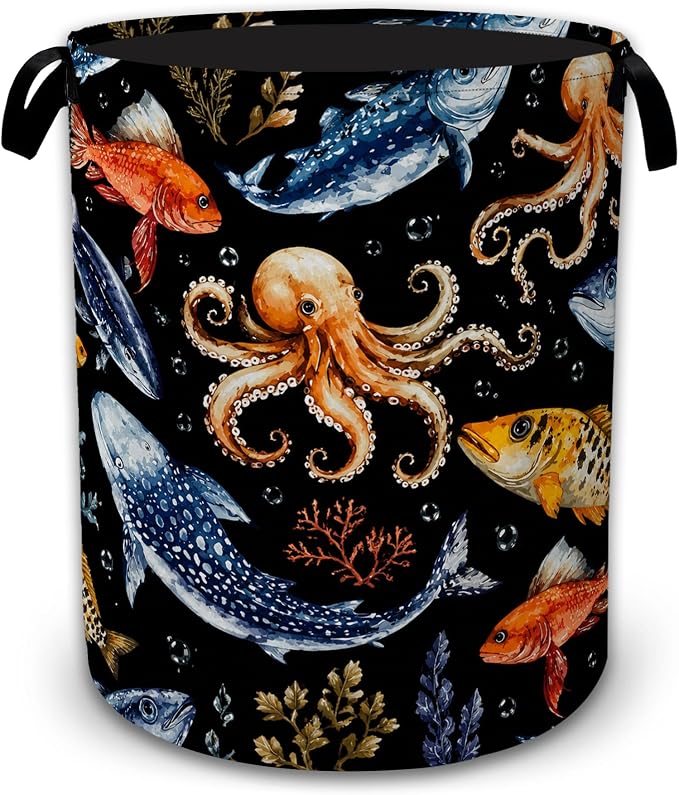 Ocean Fish Octopus Decorative Laundry Hamper, Tall Foldable Oxford Clothes Basket with Handles, Lightweight Dirty Clothes Holder for Bedroom Bathroom Laundry Room