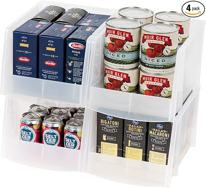 IRIS USA 4-Pack, X Large Plastic Stackable Storage Bin Organizer, Clear | Store snacks, cans, coffee pods, and household essentials with clear visibility and open access