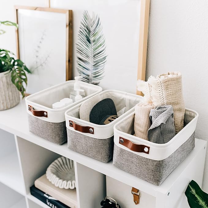 OrganiHaus Small Fabric Storage Baskets 6 Pack, 12x8in Cloth Storage Bins for Shelves, Small Baskets for Organizing Bathroom Pantry Closet, Canvas Shelf Baskets, Gray/Off-White