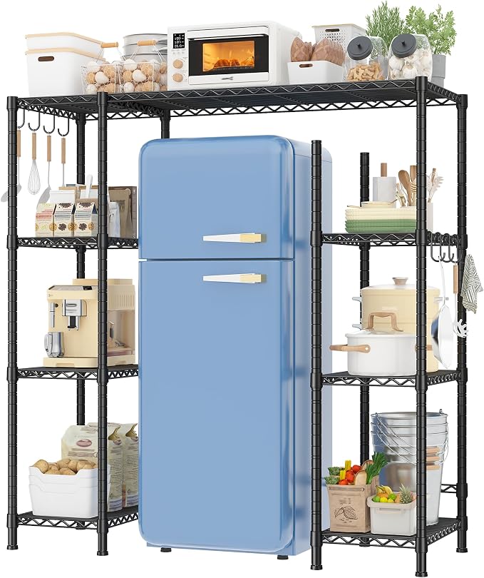 REIBII Mini Fridge Shelf with Storage,4-Tier Adjustable Shelves,665 lbs | With 8 Hooks,Fits Mini Fridge & Kitchen Appliances,Heavy Duty Steel Frame,Easy Tool-Free Assembly, Space-Saving,Dorm & Pantry