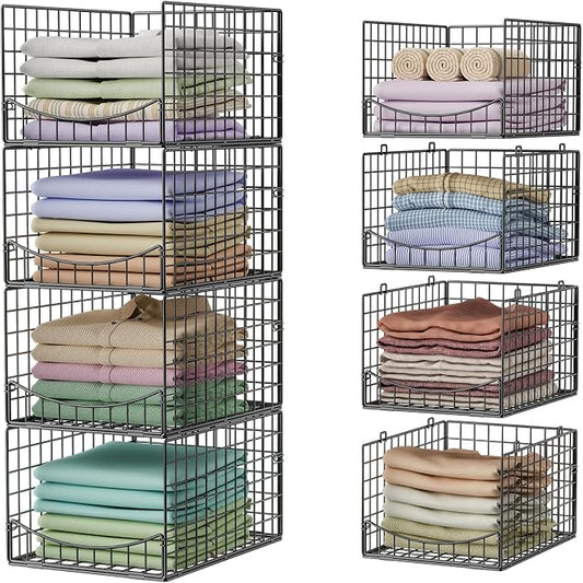 Hongtamoya 4-Tier Stackable Closet Organizers and Storage Shelves, Clothes Storage Basket, Clothes Shelf Organizer Sweater Organizer Bins Container for Wardrobe Kitchen Bathroom Office, Black